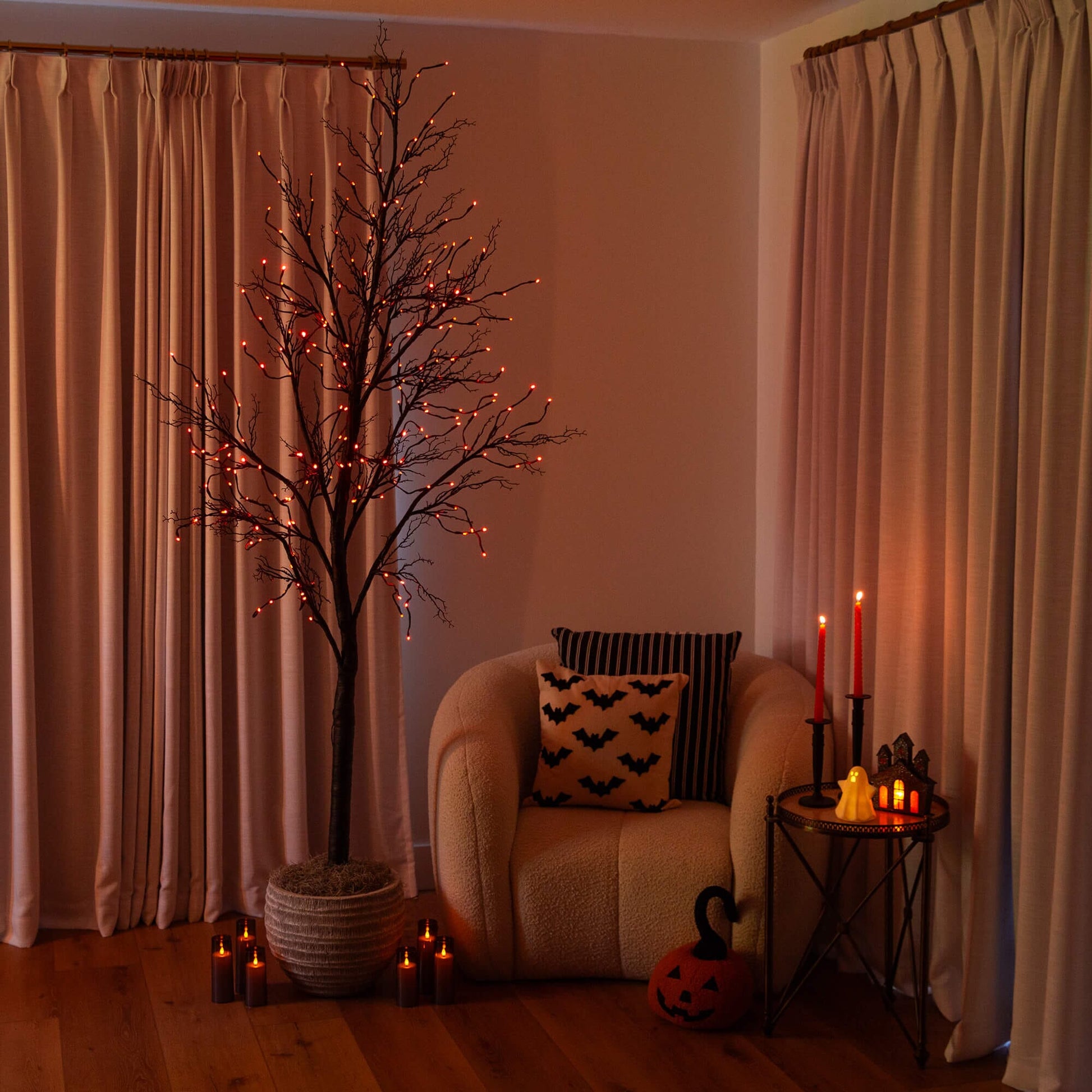 8 ft pre-lit Halloween deluxe black twig artificial tree with 216 orange and purple LEDs on Tampa Home & Garden Store