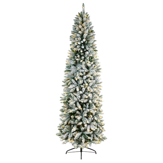 8ft Slim Flocked Montreal Fir artificial Christmas tree by Nearly Natural with warm LEDs on Tampa Home & Garden Store