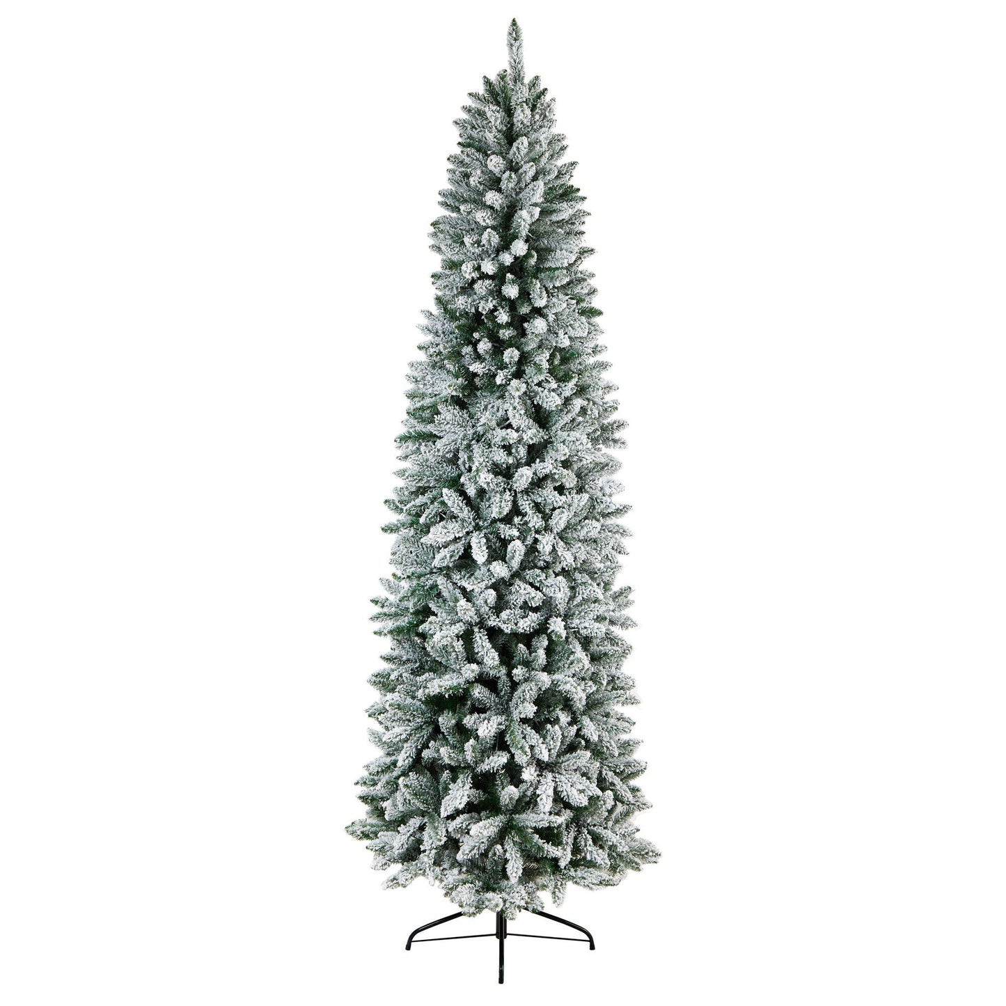 8 ft Slim Flocked Montreal Fir artificial Christmas tree by Nearly Natural on a metal stand on Tampa Home & Garden Store