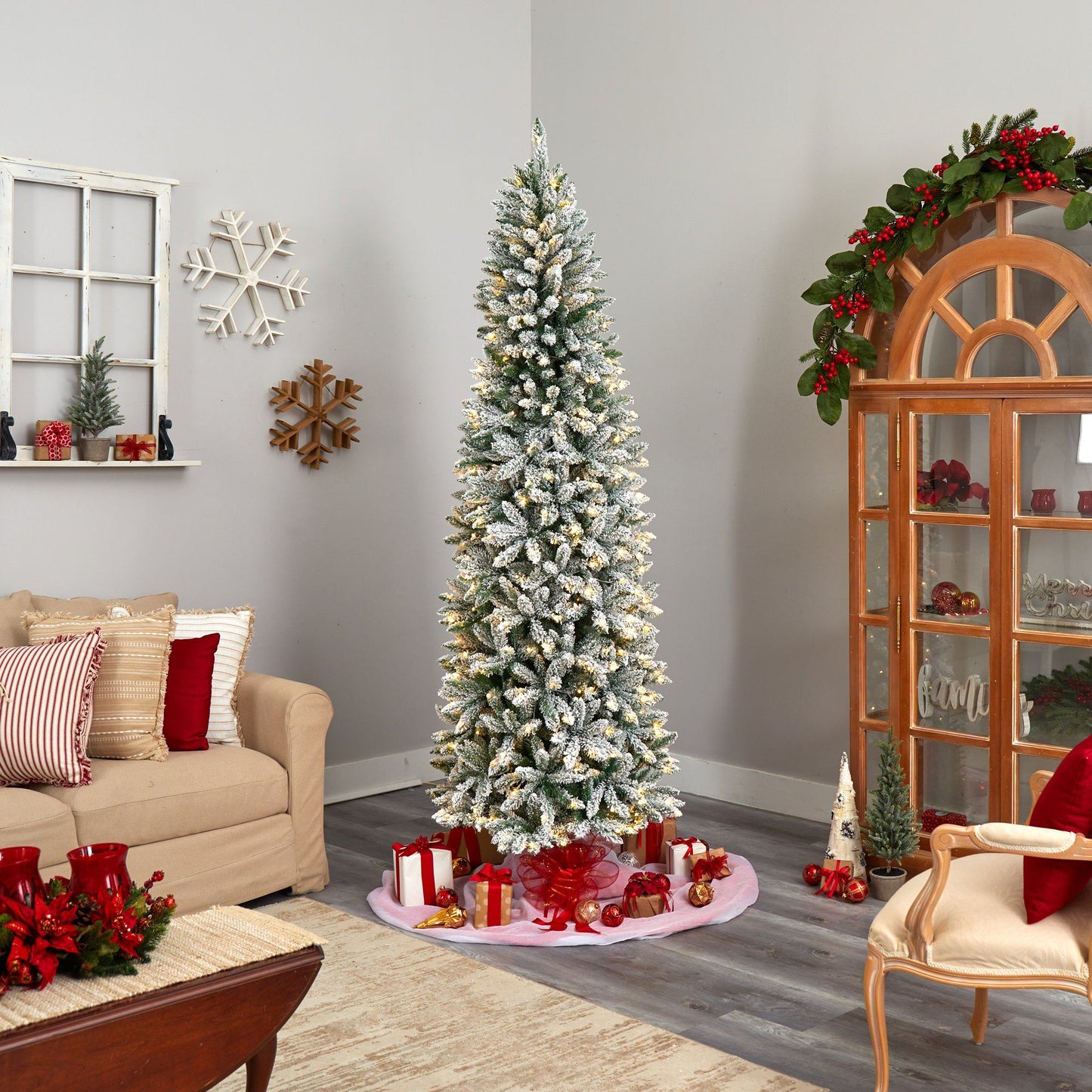 8’ Slim Flocked Montreal Fir Artificial Christmas Tree by Nearly Natural snowy lights on Tampa Home & Garden Store