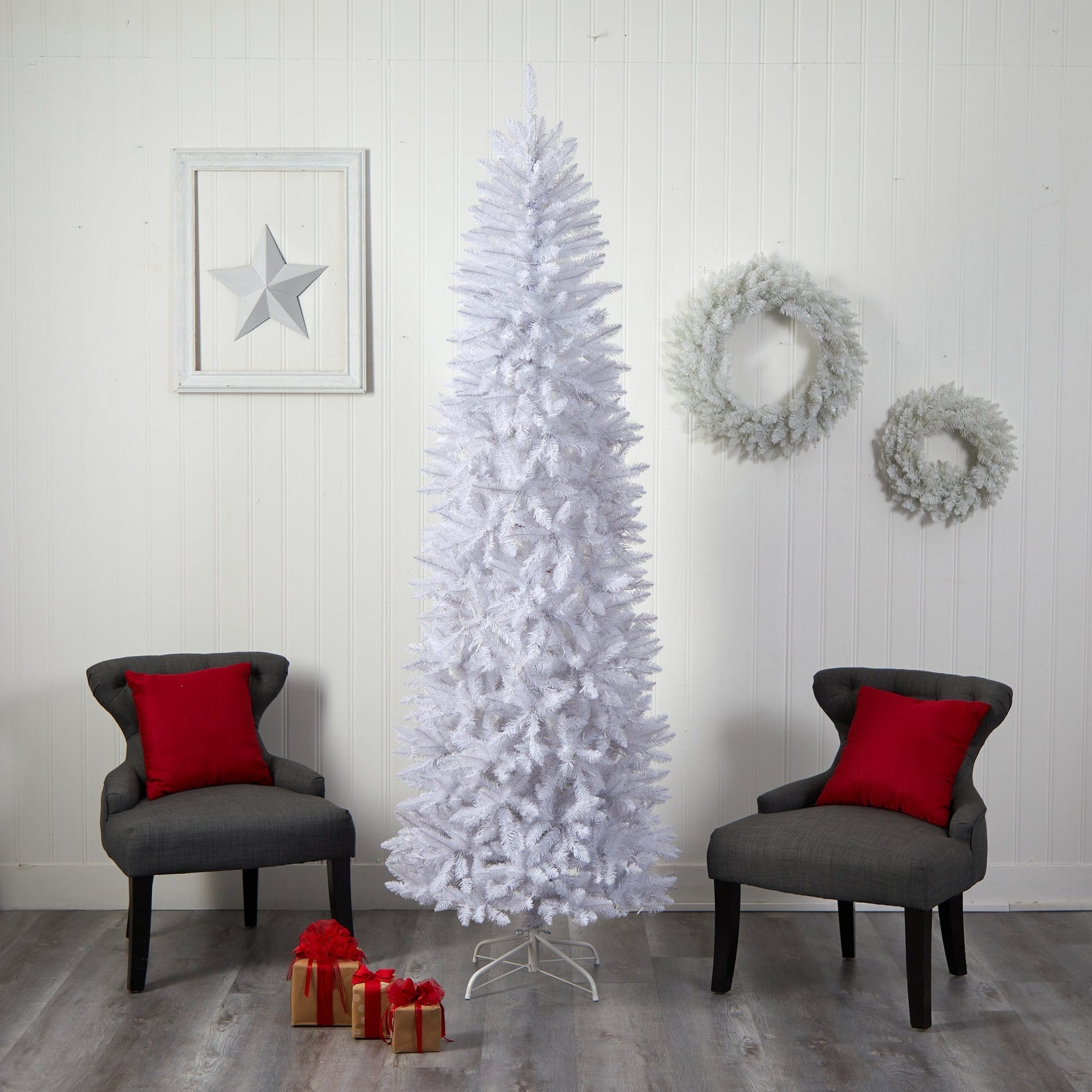 8' Slim White Christmas Tree by Nearly Natural with 400 warm white LEDs on Tampa Home & Garden Store