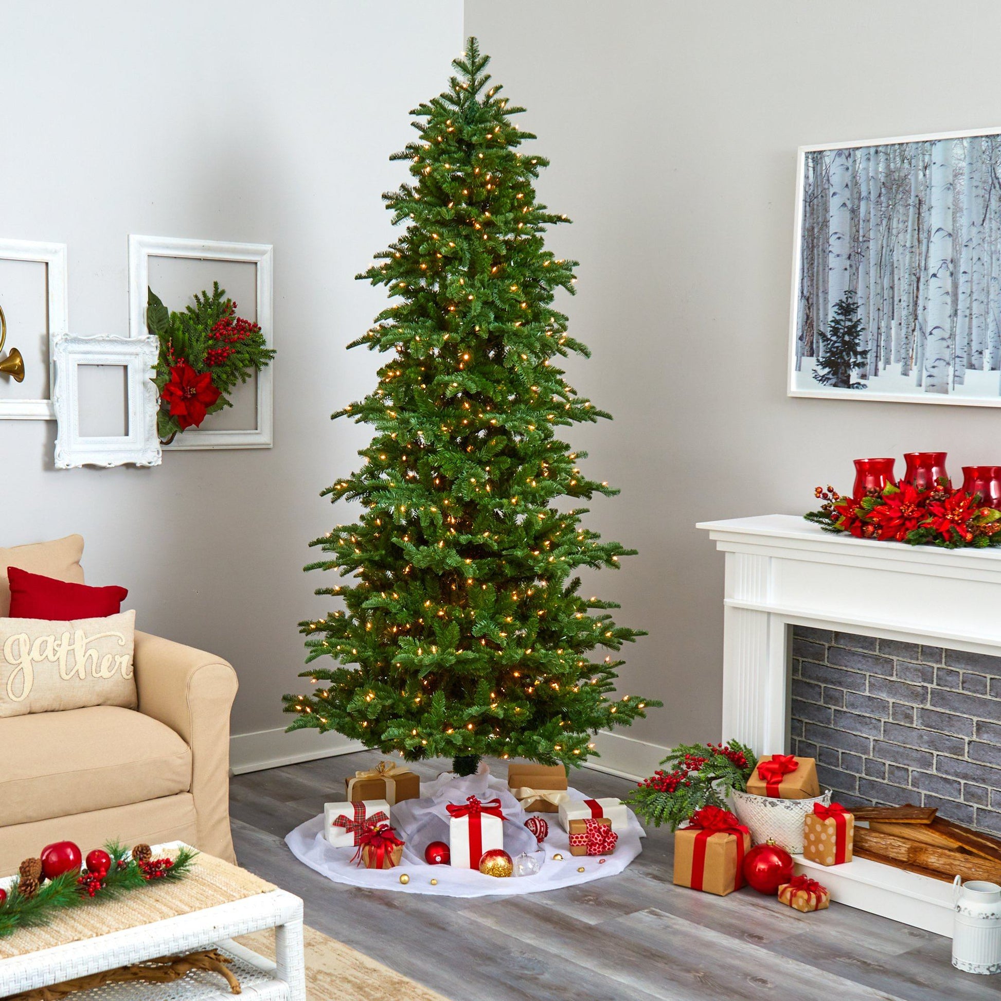8 ft South Carolina Fir artificial Christmas tree with 650 LED lights and 2598 bendable branches on Tampa Home & Garden Store