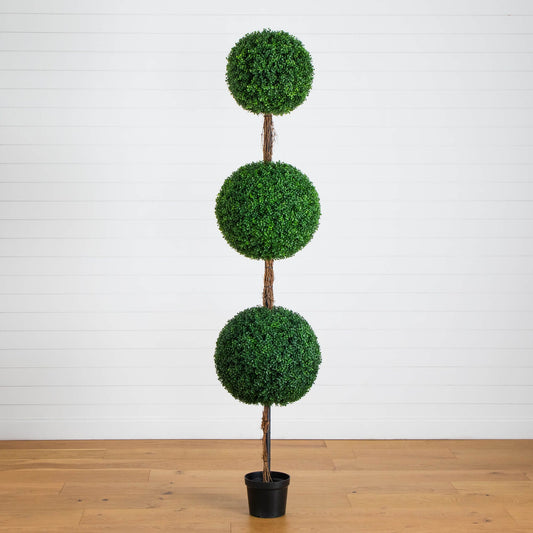 Nearly Natural 8 ft UV resistant artificial triple ball boxwood topiary tree in black pot on Tampa Home & Garden Store