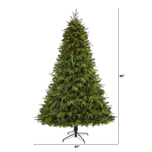 8 ft Wellington Spruce Christmas tree by Nearly Natural with 550 LED lights and pine cones on Tampa Home & Garden Store