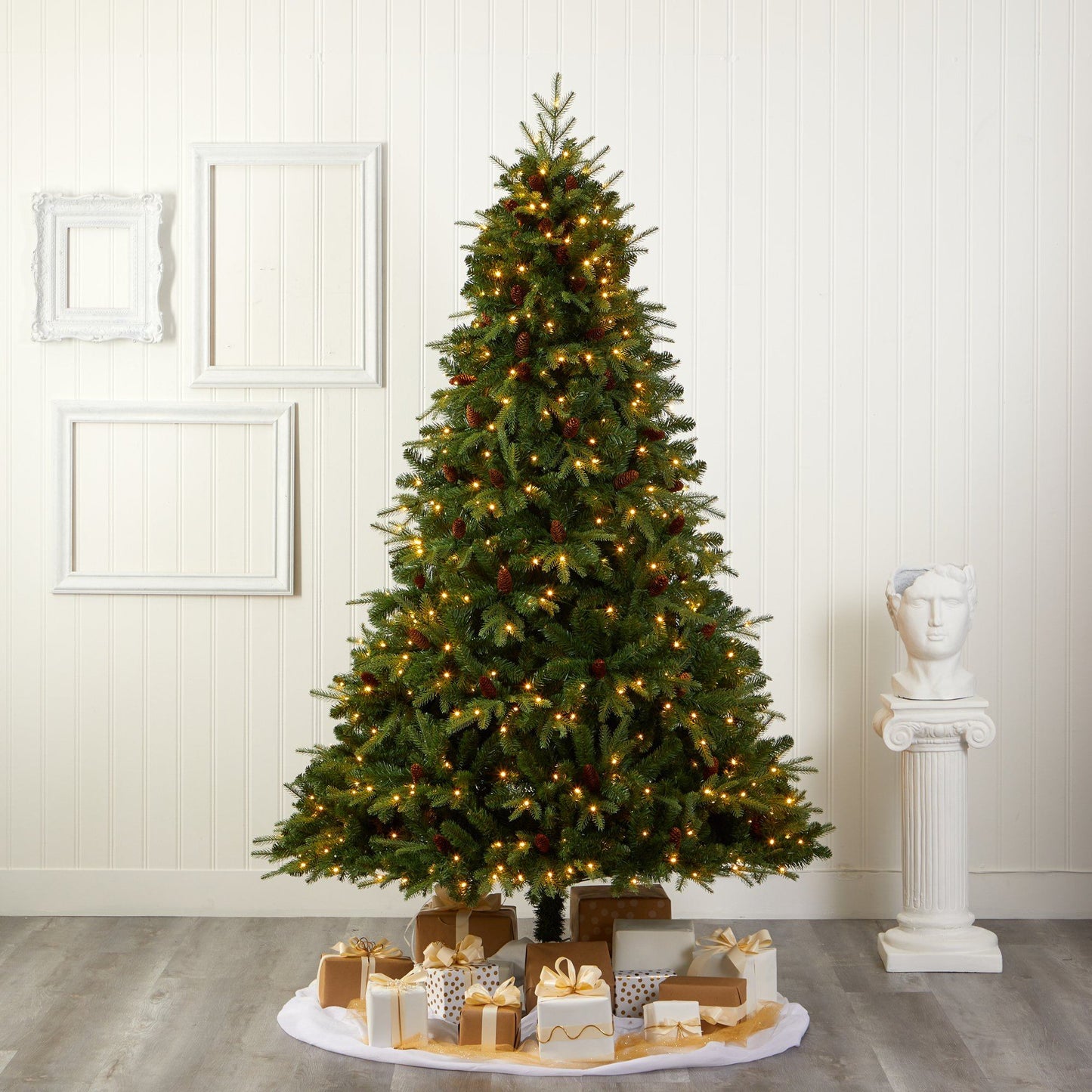 Nearly Natural 8 ft Wellington Spruce Christmas tree with 550 clear LED lights and pine cones on Tampa Home & Garden Store