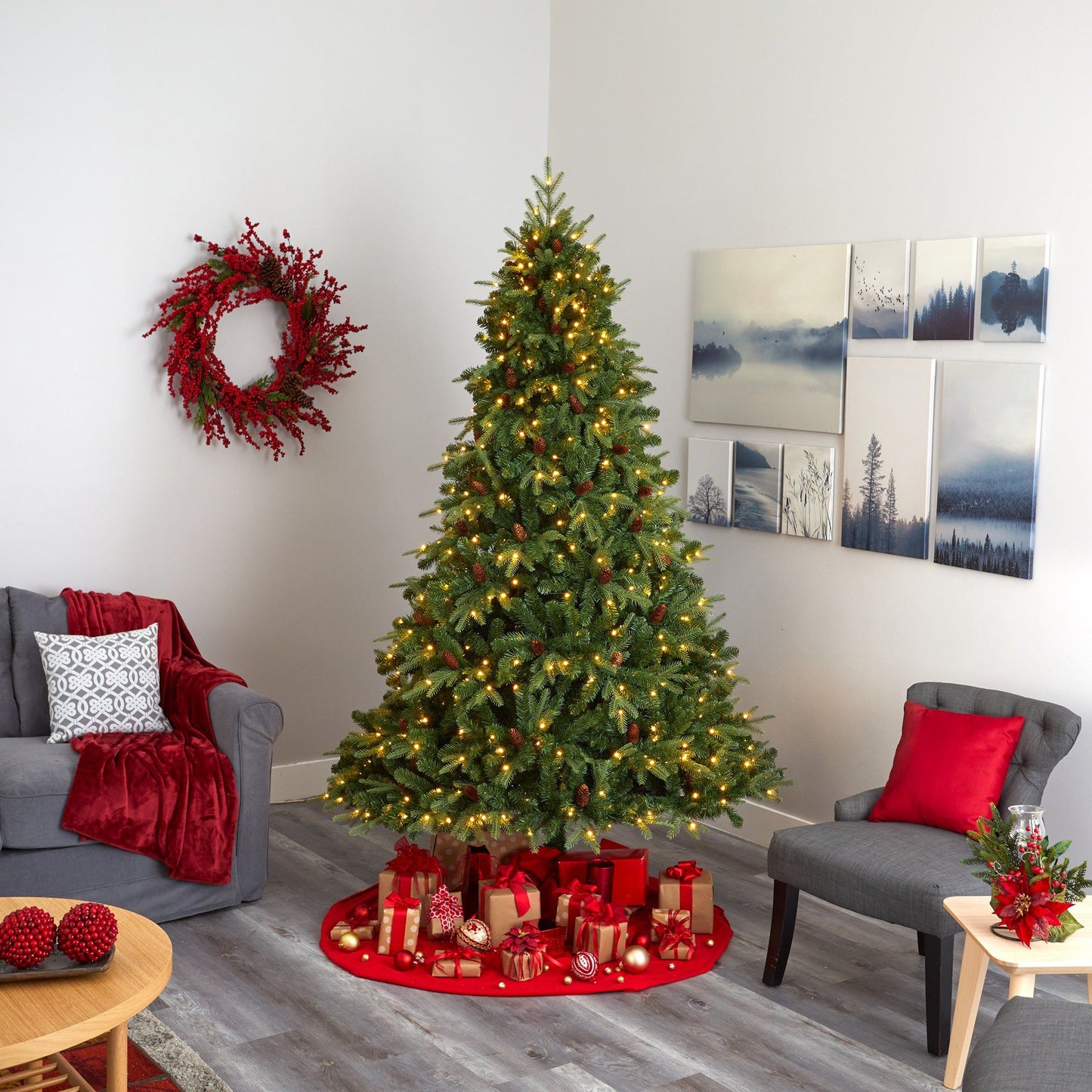 Christmas tree by Nearly Natural, 8’ Wellington Spruce with 550 clear LED lights and pine cones on Tampa Home & Garden Store