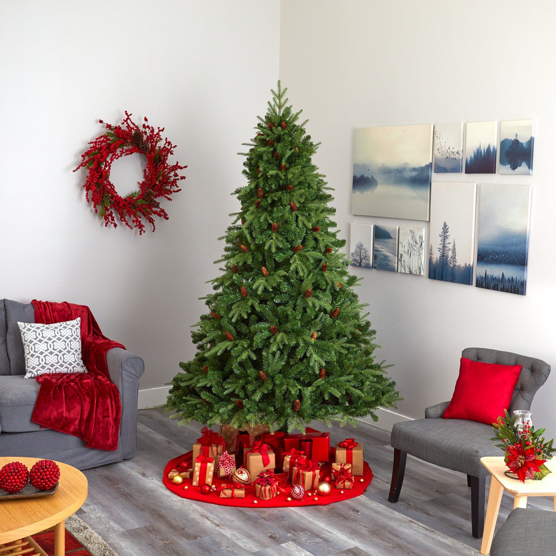 8’ Wellington Spruce Christmas tree with 550 LED lights and pine cones by Nearly Natural on Tampa Home & Garden Store