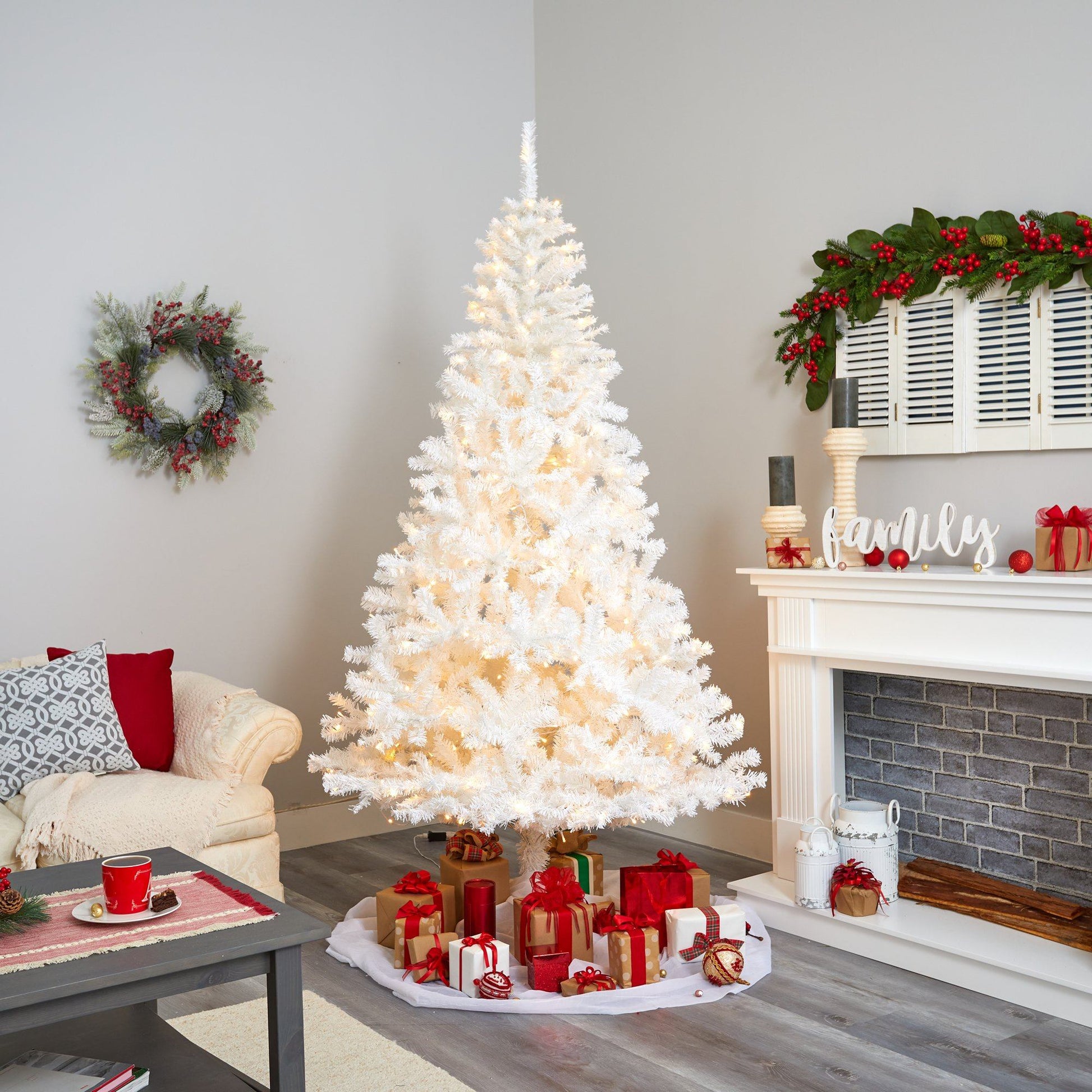 8' white Christmas tree by Nearly Natural with 1500 bendable branches and 450 LED lights on Tampa Home & Garden Store