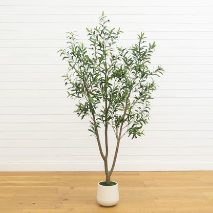 7' artificial olive tree in a white decorative planter with green leaves and olives on Tampa Home & Garden Store