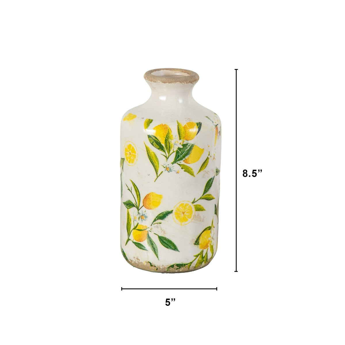 8.5 inch Lemon Print Ceramic Rustic Vase Nearly Natural, white ceramic with lemon design on Tampa Home & Garden Store