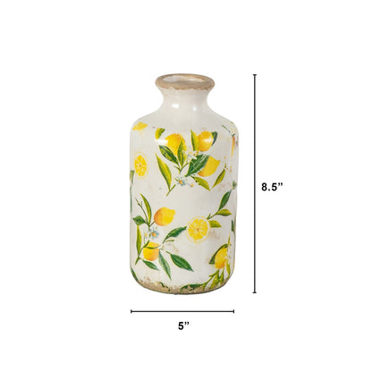 8.5 inch Lemon Print Ceramic Rustic Vase Nearly Natural, white ceramic with lemon design on Tampa Home & Garden Store