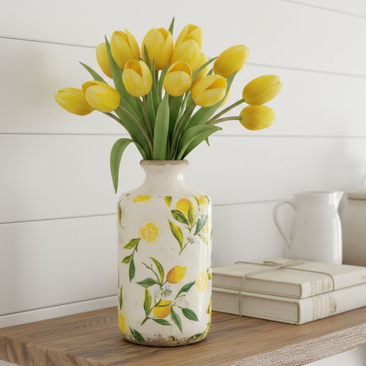 8.5-inch lemon print ceramic rustic vase by Nearly Natural with yellow lemon motif on Tampa Home & Garden Store