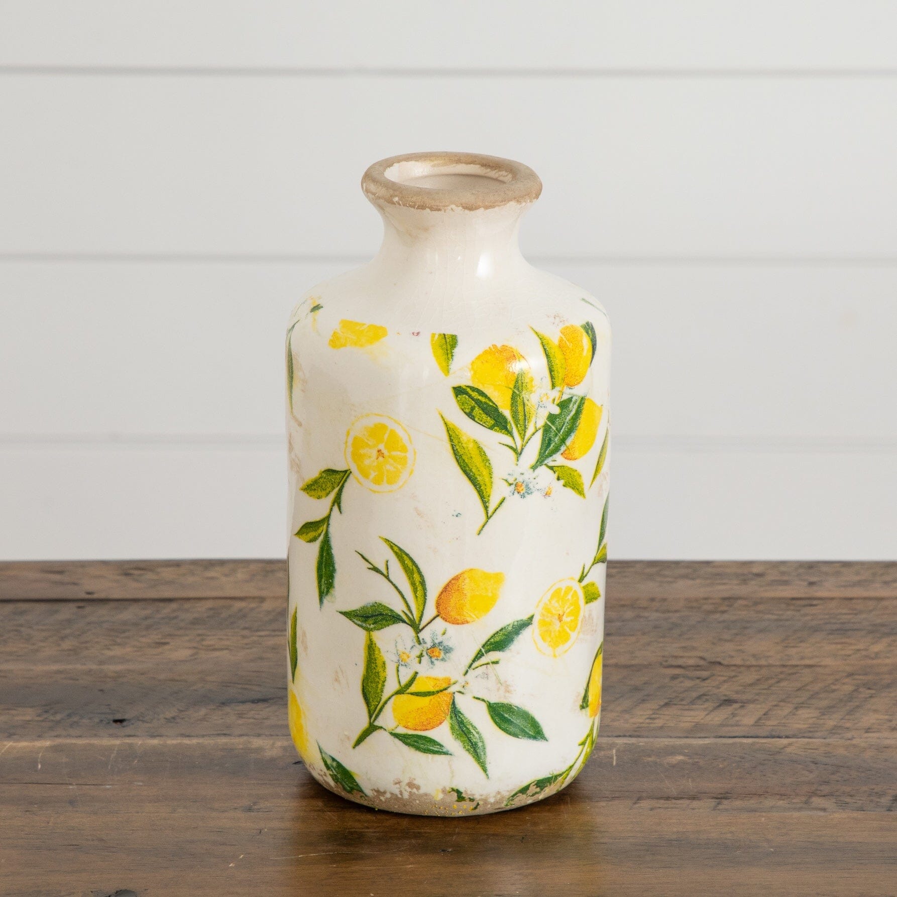8.5in Lemon Print Ceramic Rustic Vase with white glaze and lemon motif on Tampa Home & Garden Store