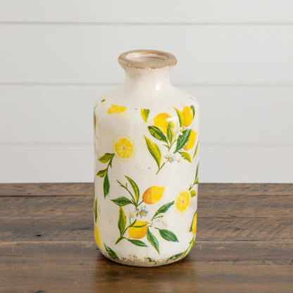 8.5in Lemon Print Ceramic Rustic Vase with white glaze and lemon motif on Tampa Home & Garden Store