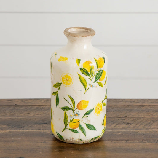 8.5in Lemon Print Ceramic Rustic Vase with white glaze and lemon motif on Tampa Home & Garden Store