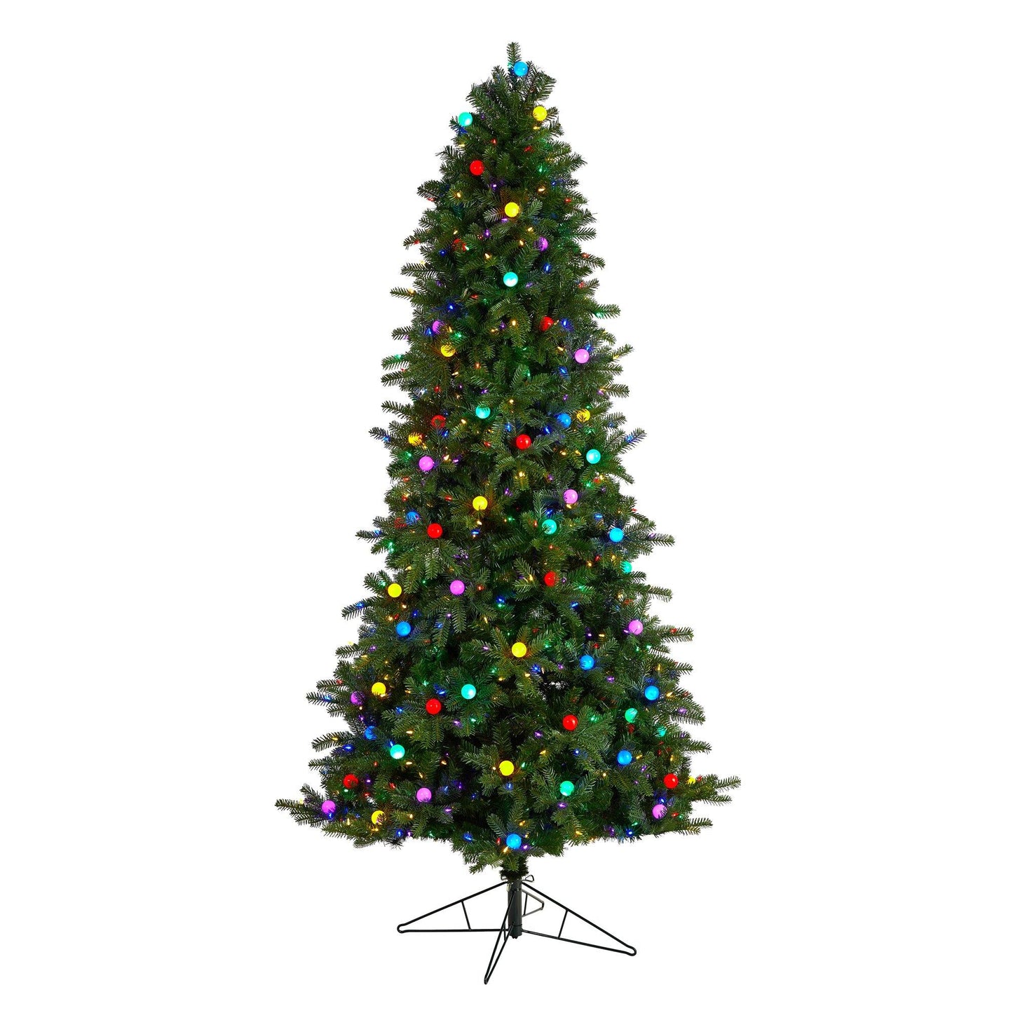 8.5' Montana Mountain Fir Christmas Tree Nearly Natural with colored lights on a metal stand on Tampa Home & Garden Store