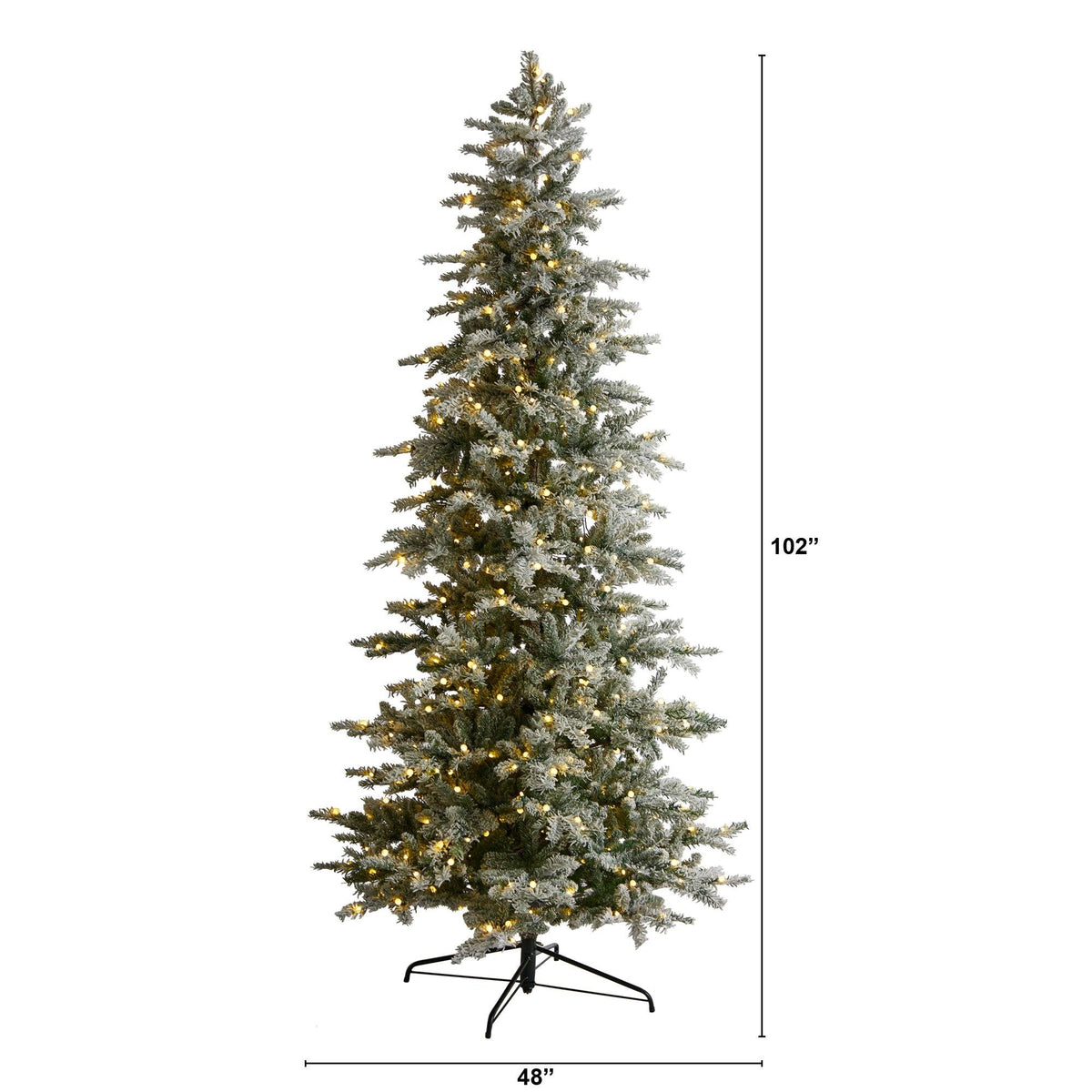 8.5 ft Slim Flocked Nova Scotia Spruce Christmas Tree by Nearly Natural with warm lights on Tampa Home & Garden Store