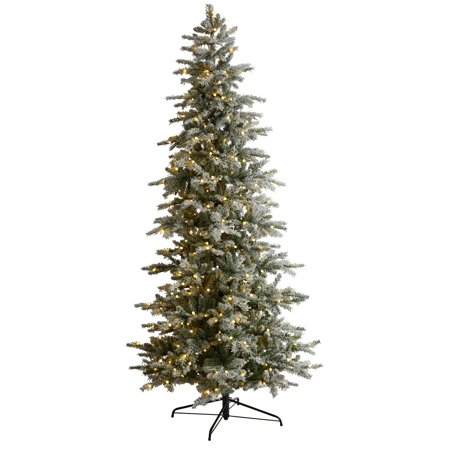 8.5' Slim Flocked Nova Scotia Spruce Artificial Christmas Tree by Nearly Natural, pre-lit with warm white lights on a metal stand on Tampa Home & Garden Store