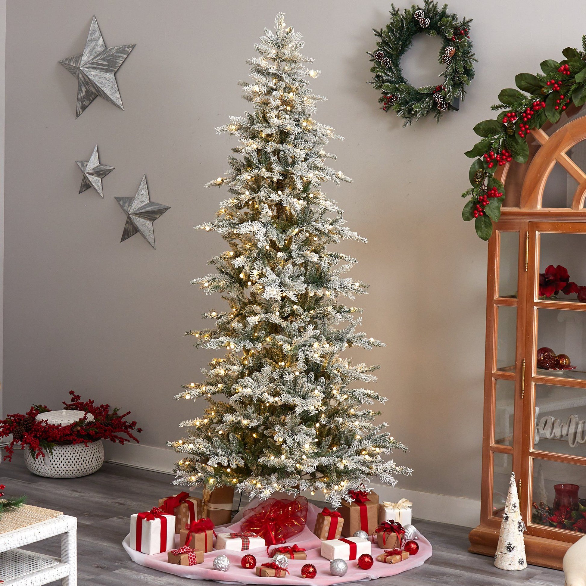 8.5 ft Slim Flocked Nova Scotia Spruce Tree Nearly Natural, pre-lit with white lights on Tampa Home & Garden Store