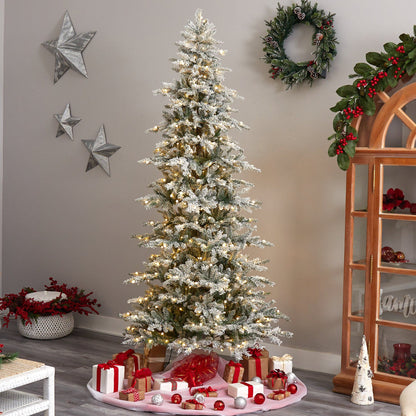 8.5 ft Slim Flocked Nova Scotia Spruce Tree Nearly Natural, pre-lit with white lights on Tampa Home & Garden Store