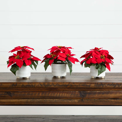 9in artificial poinsettia arrangements set of 3 in white ceramic pots with red blooms on Tampa Home & Garden Store