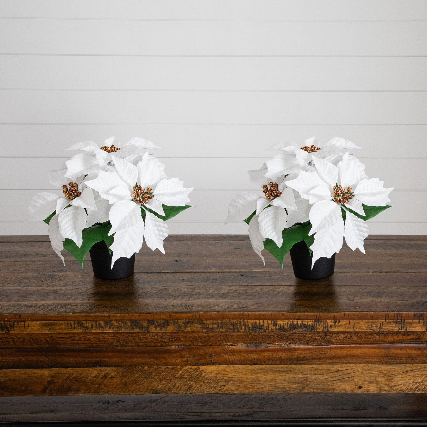 9in artificial poinsettia plant set of 2 in black planters white blooms Nearly Natural on Tampa Home & Garden Store