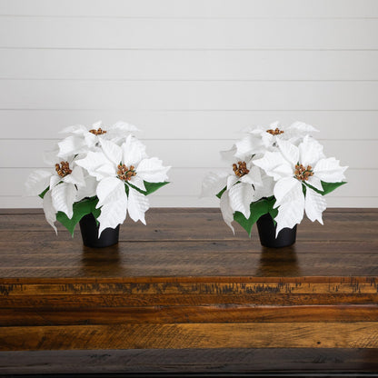 9in artificial poinsettia plant set of 2 in black planters white blooms Nearly Natural on Tampa Home & Garden Store
