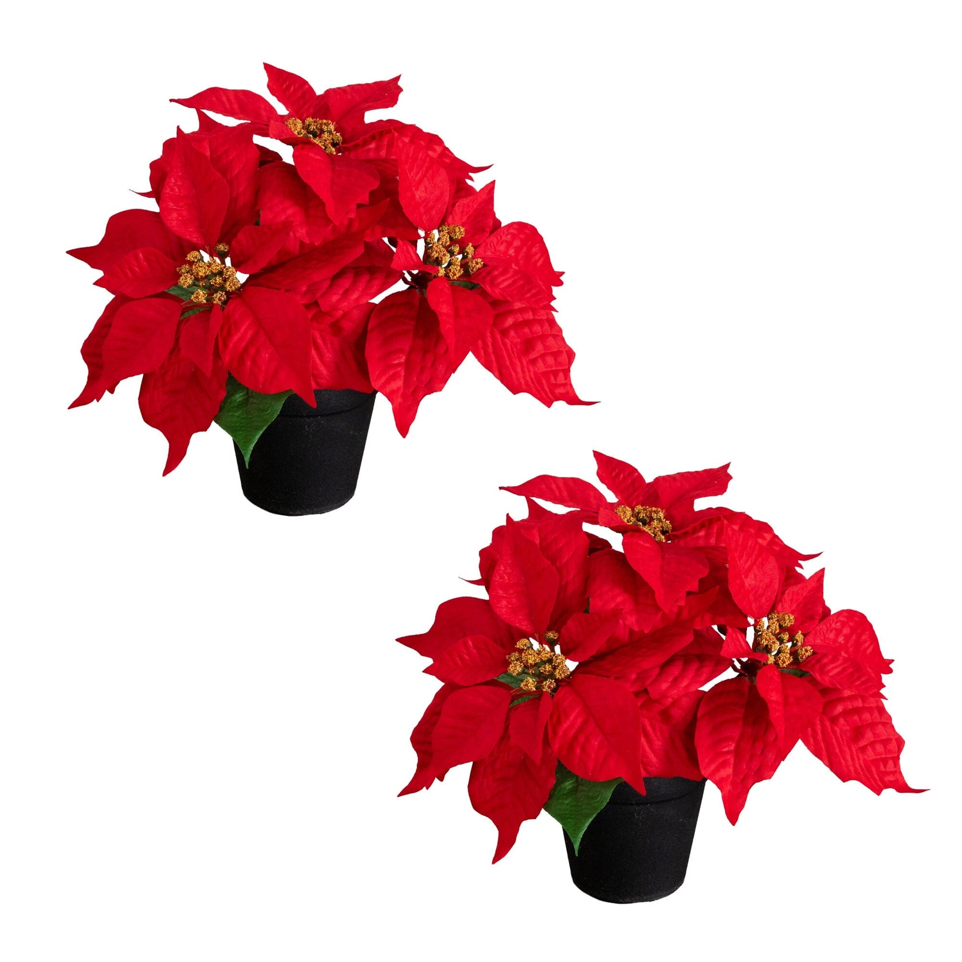 9in artificial poinsettia plant set of 2 in black planters, red leaves with gold centers on Tampa Home & Garden Store