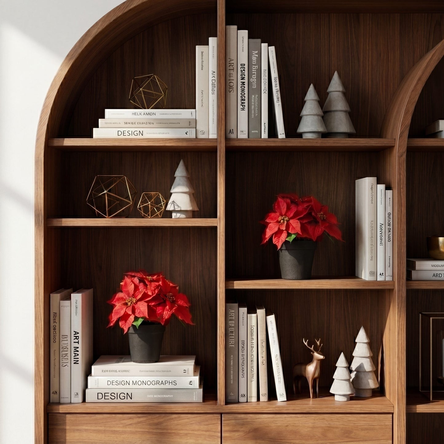9in artificial red poinsettia plant set of 2 in planters by Nearly Natural on a wooden bookshelf on Tampa Home & Garden Store