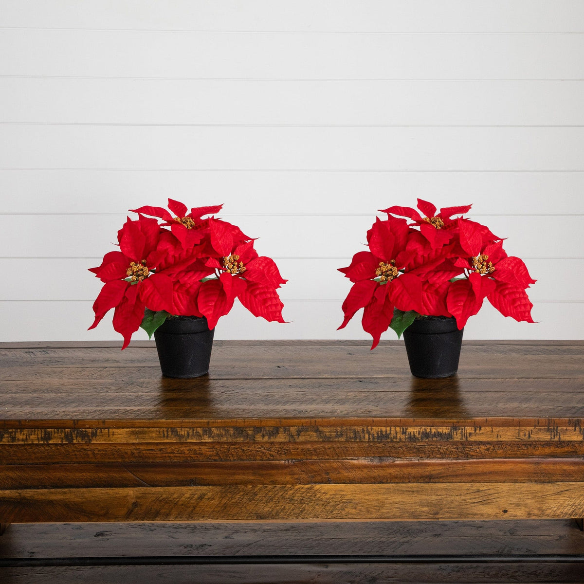 9-inch artificial poinsettia plant set of 2 in planters with red blooms Nearly Natural on Tampa Home & Garden Store
