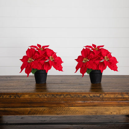 9-inch artificial poinsettia plant set of 2 in planters with red blooms Nearly Natural on Tampa Home & Garden Store