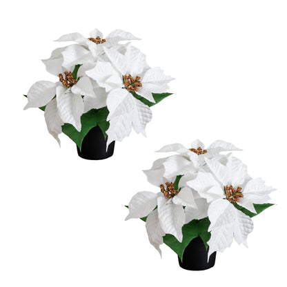 9-inch artificial poinsettia plant set of 2 in black planter with white bracts and gold centers on Tampa Home & Garden Store