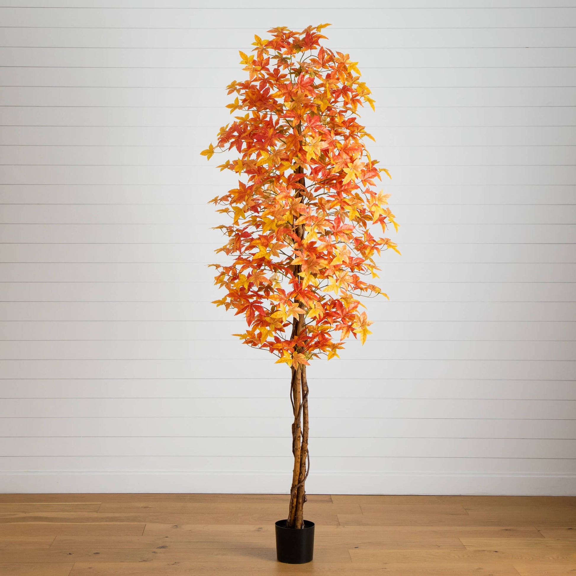 9' Autumn Deluxe Maple Artificial Fall Tree orange-red maple leaves in a black planter on Tampa Home & Garden Store
