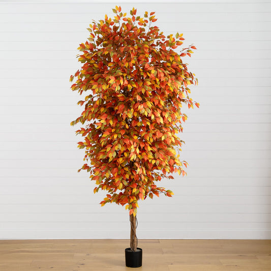 9 ft Autumn Ficus Artificial Fall Tree with orange, red, and yellow leaves in a black planter on Tampa Home & Garden Store