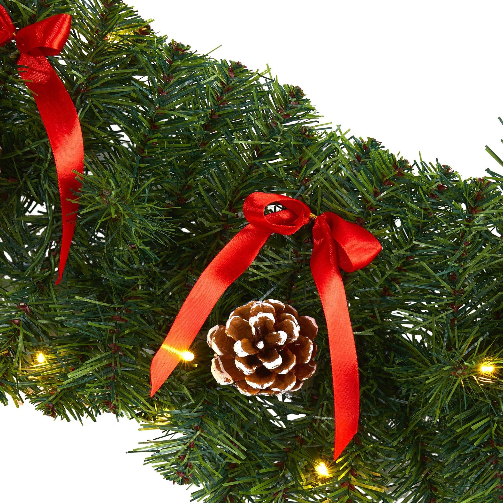 9’ Bow & Pinecone Christmas Garland by Nearly Natural with 35 Clear LED Lights, red bows on Tampa Home & Garden Store