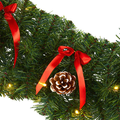 9’ Bow & Pinecone Christmas Garland by Nearly Natural with 35 Clear LED Lights, red bows on Tampa Home & Garden Store