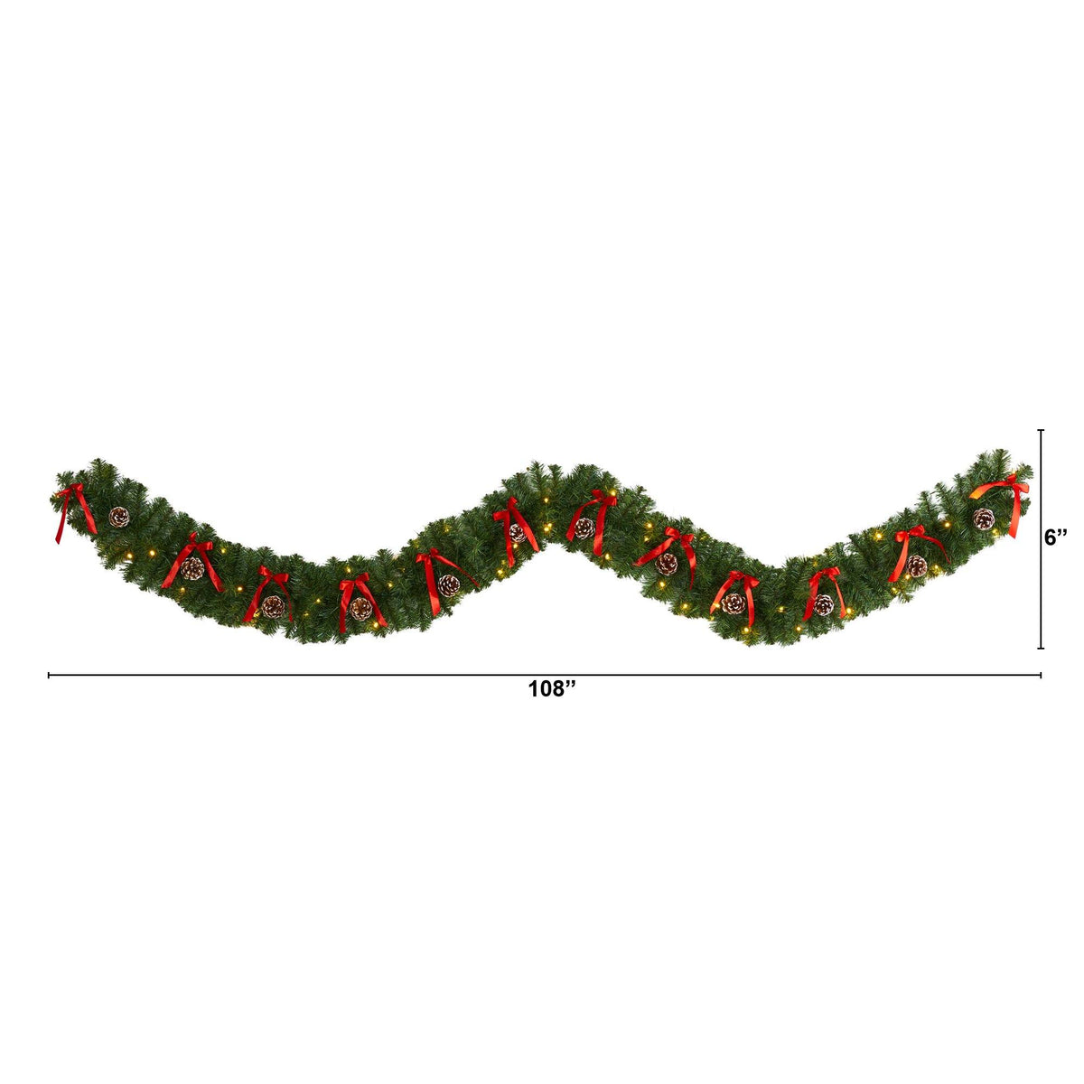 9 ft bow and pinecone garland with 35 clear LED lights Nearly Natural evergreen with red bows on Tampa Home & Garden Store
