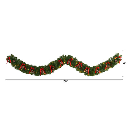 9 ft bow and pinecone garland with 35 clear LED lights Nearly Natural evergreen with red bows on Tampa Home & Garden Store