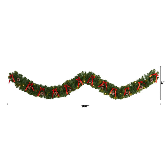 9 ft bow and pinecone garland with 35 clear LED lights Nearly Natural evergreen with red bows on Tampa Home & Garden Store
