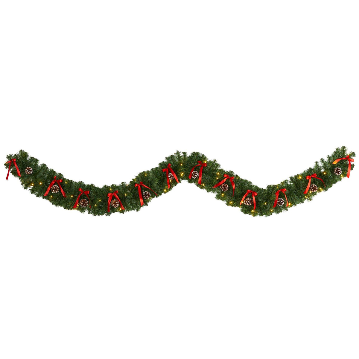 Garland 9 ft Bow and Pinecone Christmas with 35 LED lights and red ribbons Nearly Natural on Tampa Home & Garden Store