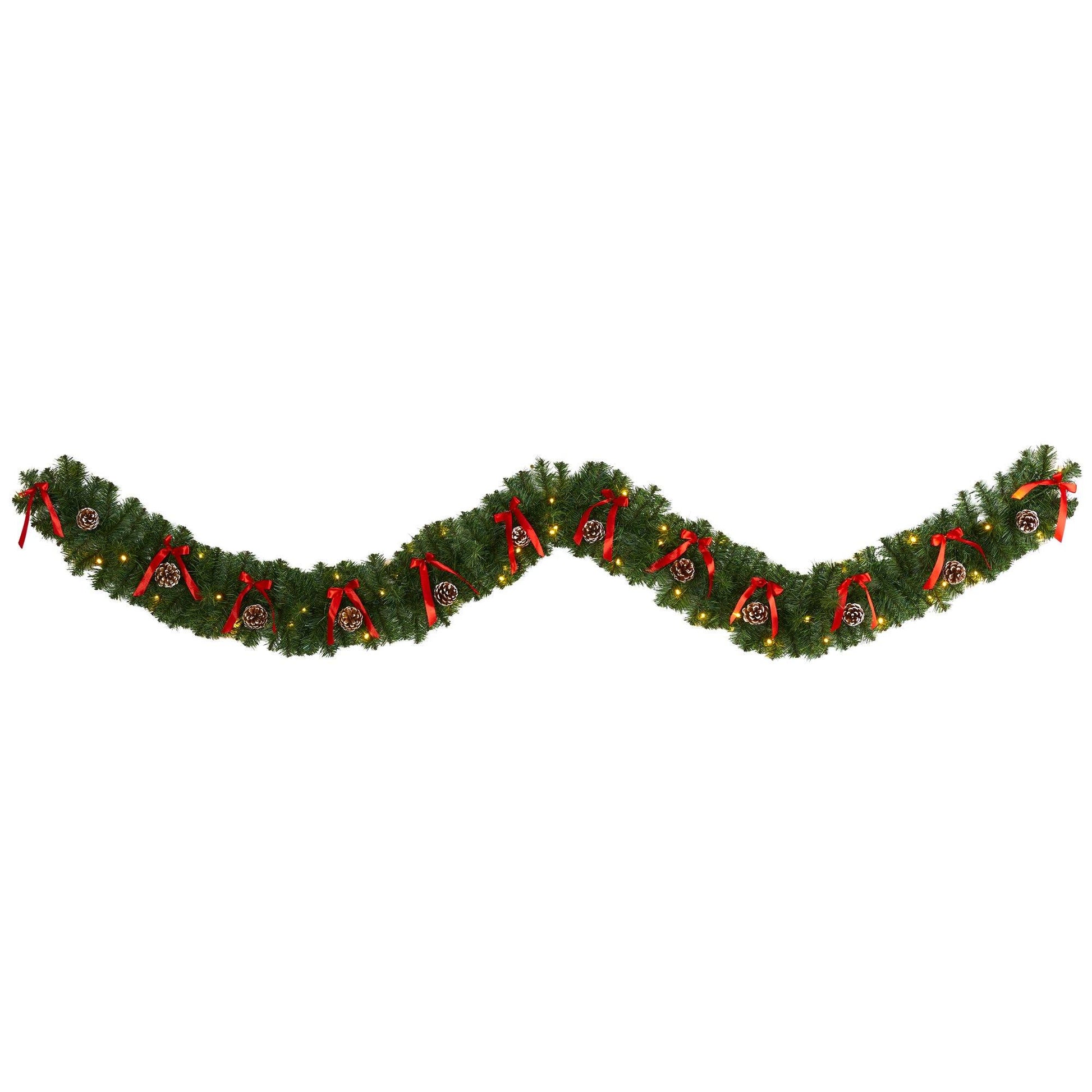 Garland 9 ft Bow and Pinecone Christmas with 35 LED lights and red ribbons Nearly Natural on Tampa Home & Garden Store