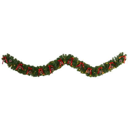 Garland 9 ft Bow and Pinecone Christmas with 35 LED lights and red ribbons Nearly Natural on Tampa Home & Garden Store