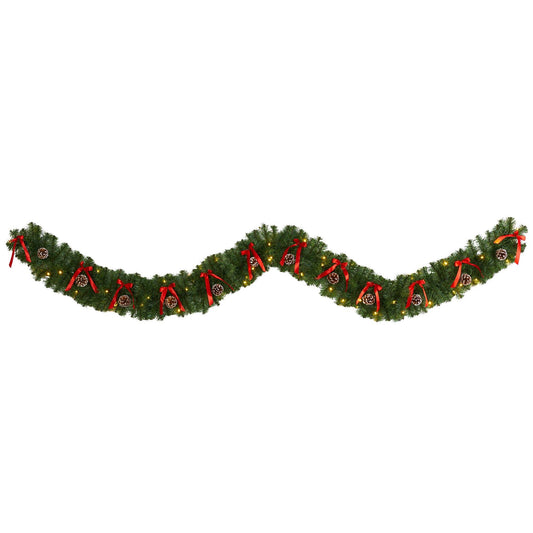 Garland 9 ft Bow and Pinecone Christmas with 35 LED lights and red ribbons Nearly Natural on Tampa Home & Garden Store
