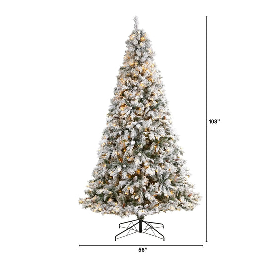 9' Flocked White River Mountain Pine Christmas Tree with Pinecones and 650 Clear LED Lights - Tampa Home & Garden Store