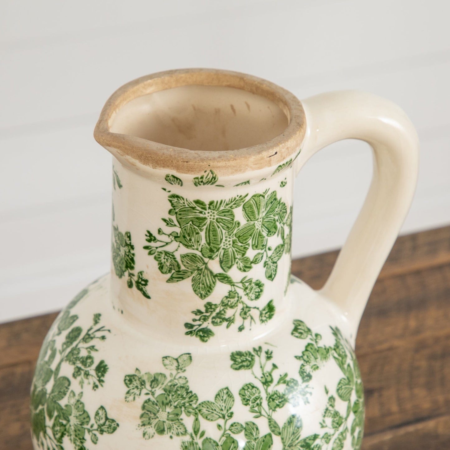 9-inch Floral Tuscan Green Scroll Ceramic Jar Vase by Nearly Natural with leaf pattern on Tampa Home & Garden Store