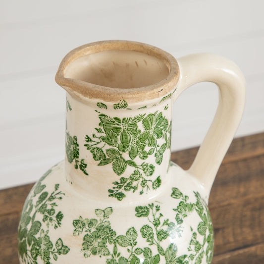 9-inch Floral Tuscan Green Scroll Ceramic Jar Vase by Nearly Natural with leaf pattern on Tampa Home & Garden Store