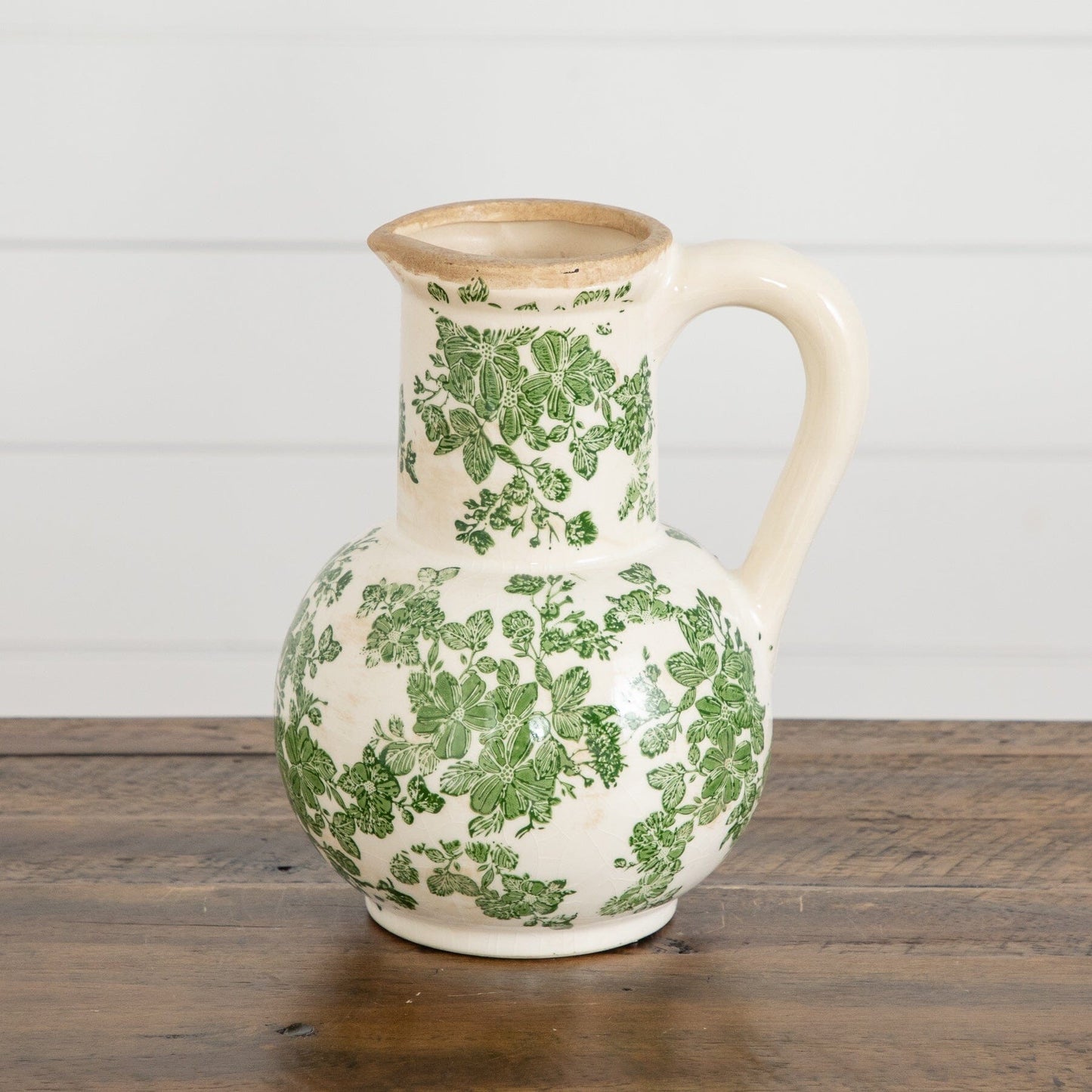 Vase 9” Floral Tuscan Green Scroll Ceramic Jar with botanical motif Nearly Natural on Tampa Home & Garden Store