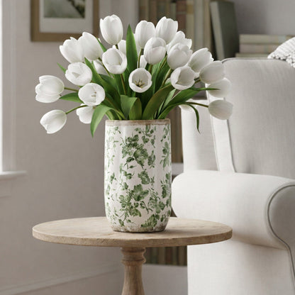 9-inch Floral Tuscan ceramic green-scroll vase with white tulips, Nearly Natural on Tampa Home & Garden Store