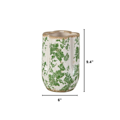 Vase 9-inch Floral Tuscan Ceramic Green Scroll by Nearly Natural with green scroll pattern on Tampa Home & Garden Store