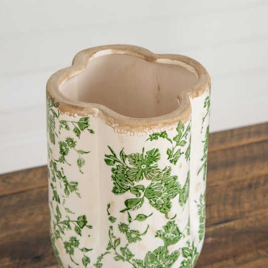 Vase 9 inch Floral Tuscan ceramic with green scroll pattern and distressed brown rim on white on Tampa Home & Garden Store